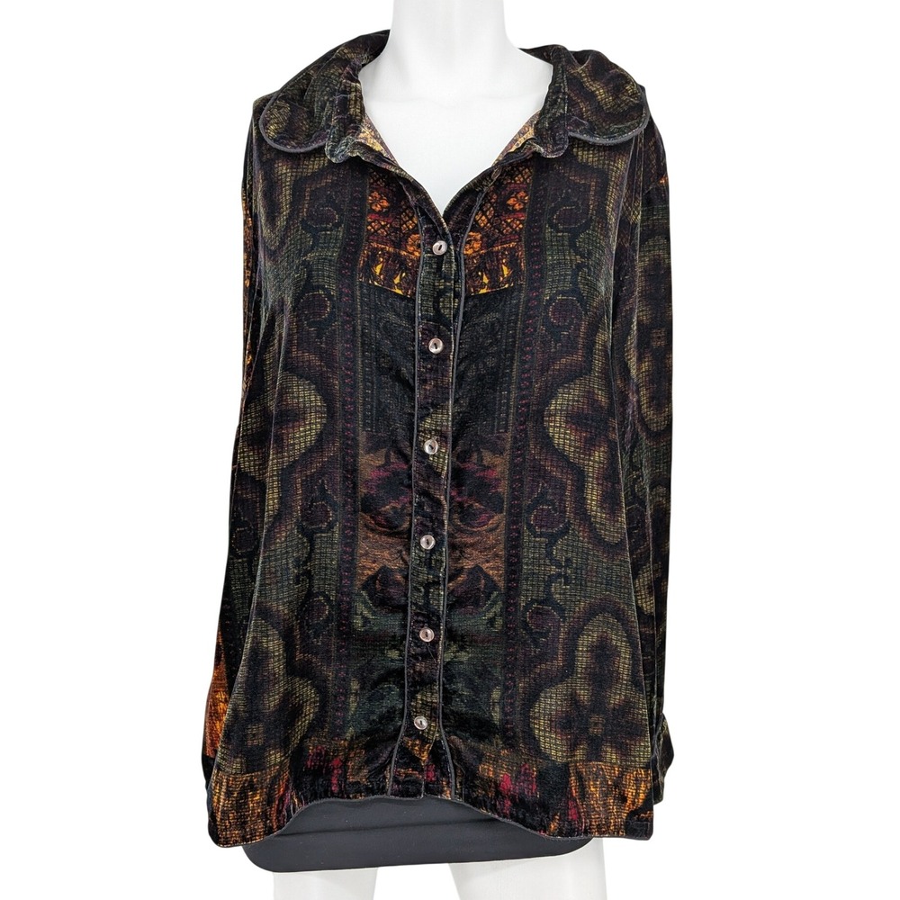 Soft Surroundings Velvet Floral Patchwork Button Up Shirt Long Sleeve Artsy 1X